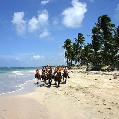 a group of people riding a horse on a sandy beach