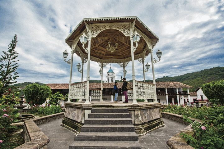 a wooden statue in front of a building